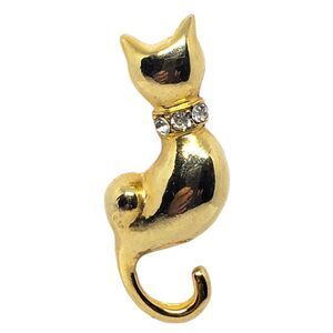 Kitty Cat Brooch Pin with White Rhinestone Collar Gold Tone Vintage 1.5"